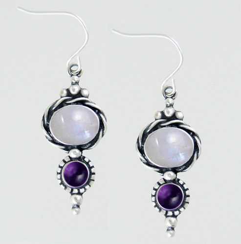 Sterling Silver Drop Dangle Earrings With Rainbow Moonstone And Amethyst